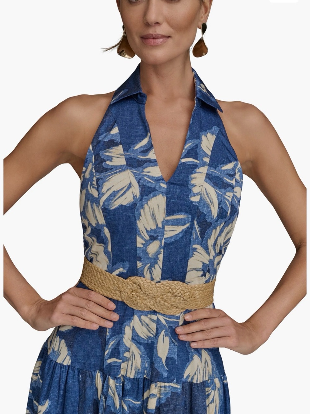 Donna Karan Blue and Cream Halter Floral Midi Dress Size 14 missing belt - Picture 5 of 6